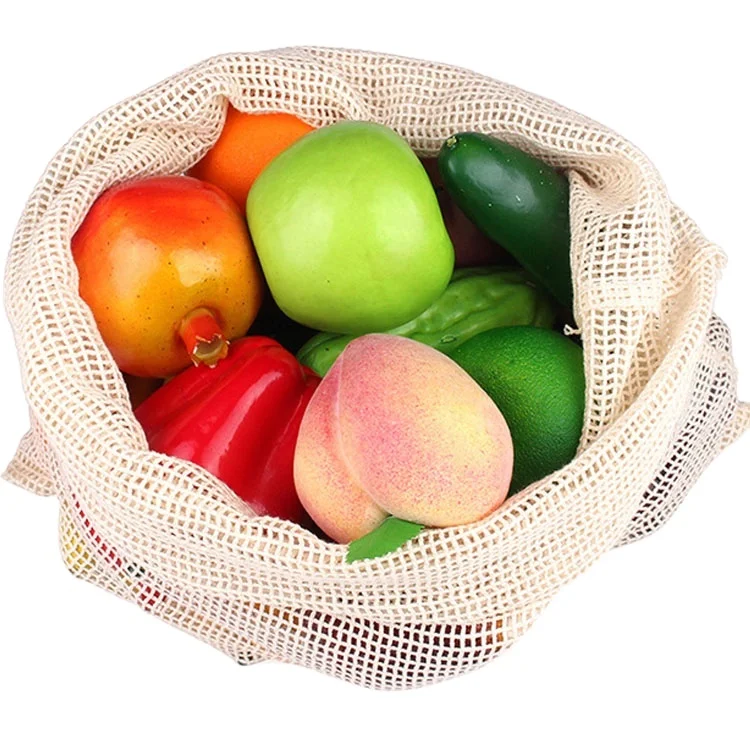 

eco friendly reusable cotton drawstring fruit mesh net bags for fruits and vegetables organic, Beige