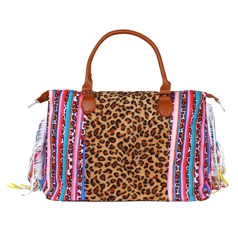 

Free Shipping Leopard Serape Fringe Weekender Boutique Bag Personalized Women Serape Canvas Overnight Bag with Tassel for Lady, Serape&leopard,leopard,rainbow,sunflower,etc.