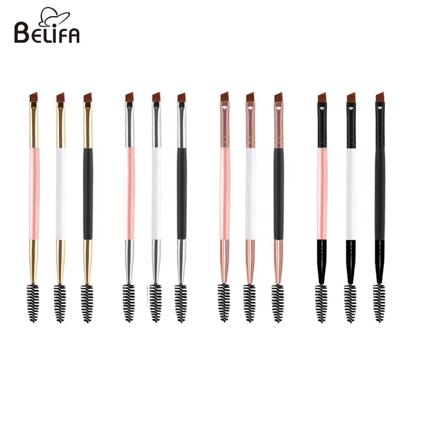 

Belifa private label rose gold silver black double end head mascara eye angled eyebrow wand and eyelash spoolie makeup brush