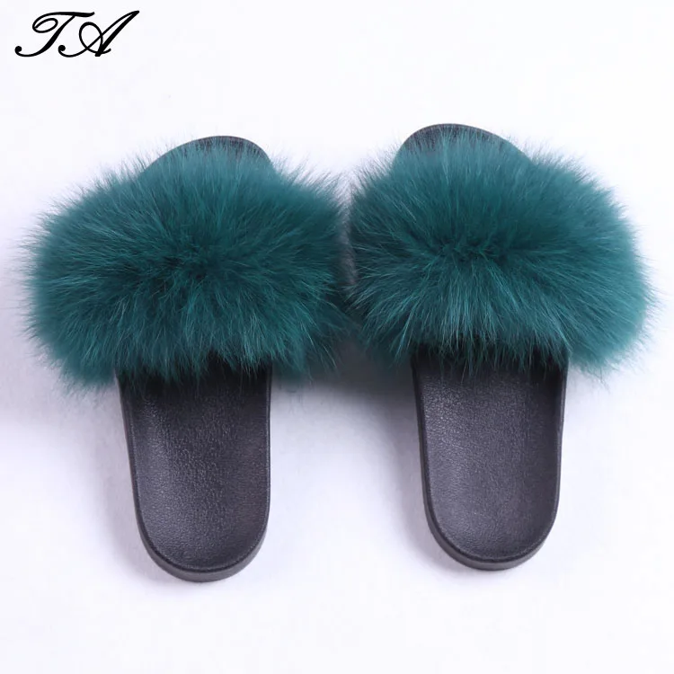 

Luxurious Real Fox Fur Cover Ball Pvc Fluffy Lady Winter Indoor Slipper Slides, Black/pink/grey