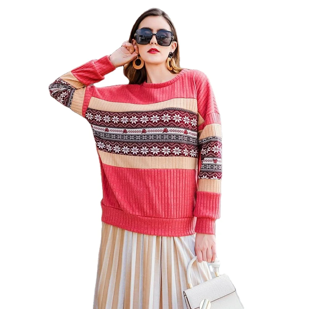 

Women Autumn Long Sleeve Sweater Tops Loose Knit Pullover Sexy Tops Patchwork Striped Print Elegant Pullover