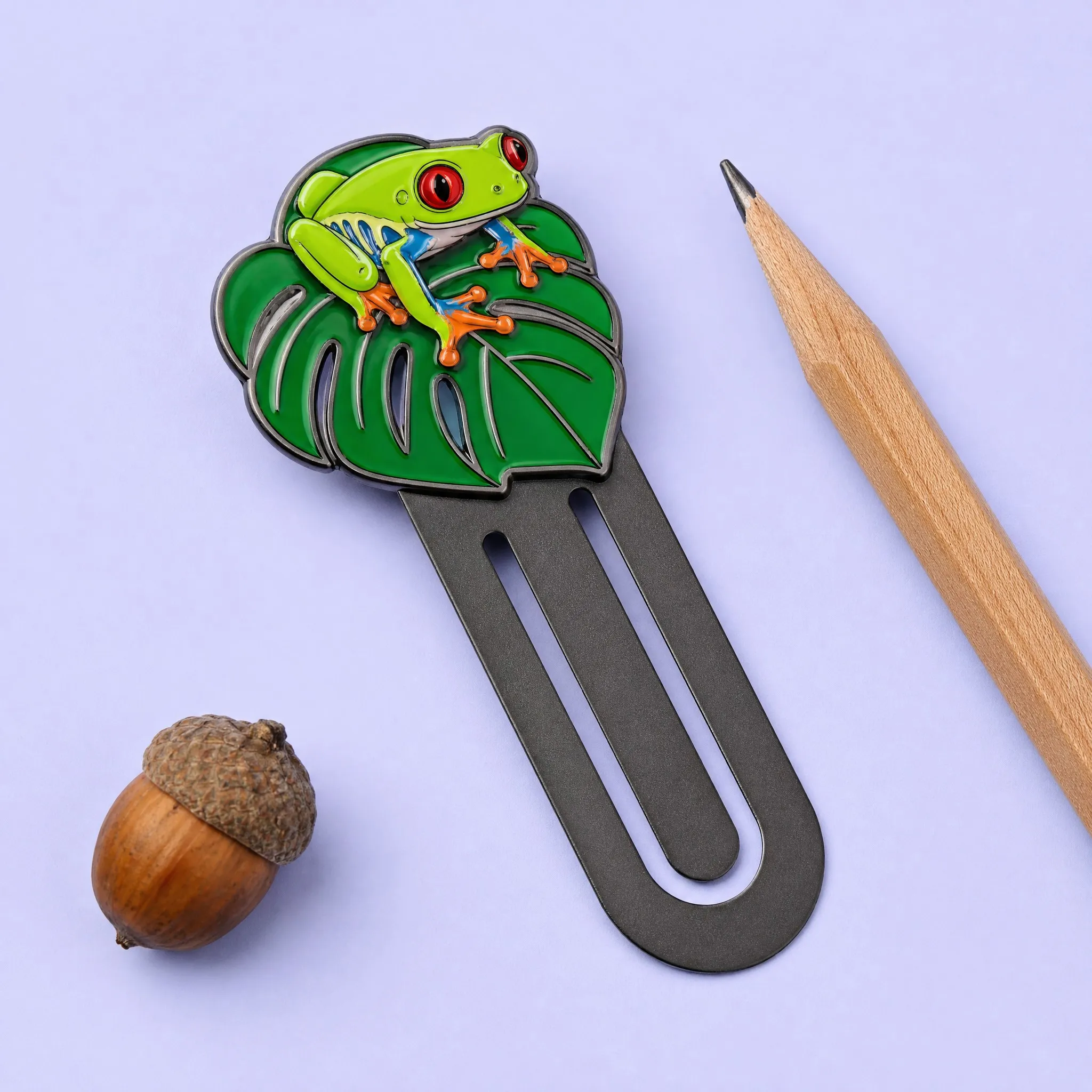 Custom Tropical Red-Eyed Tree Frog on Monstera Leaf Enamel Bookmark Clip with Gunmetal Finish