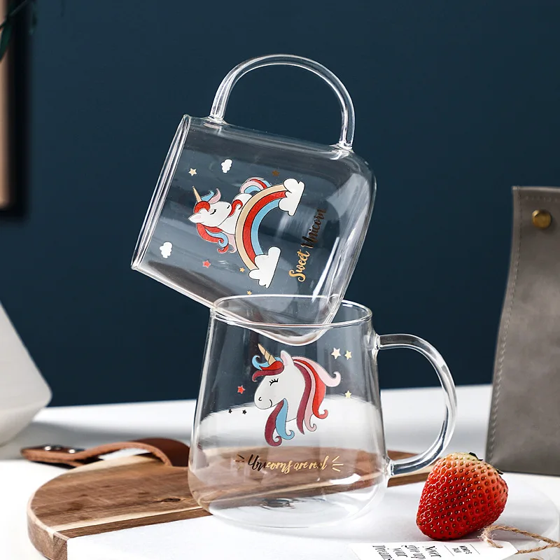 

QIAN HU Customized Cute Cartoon Mug Milk Unicorn Transparent Borosilicate Smoothie Glass Cup with Bamboo Lid and Spoon