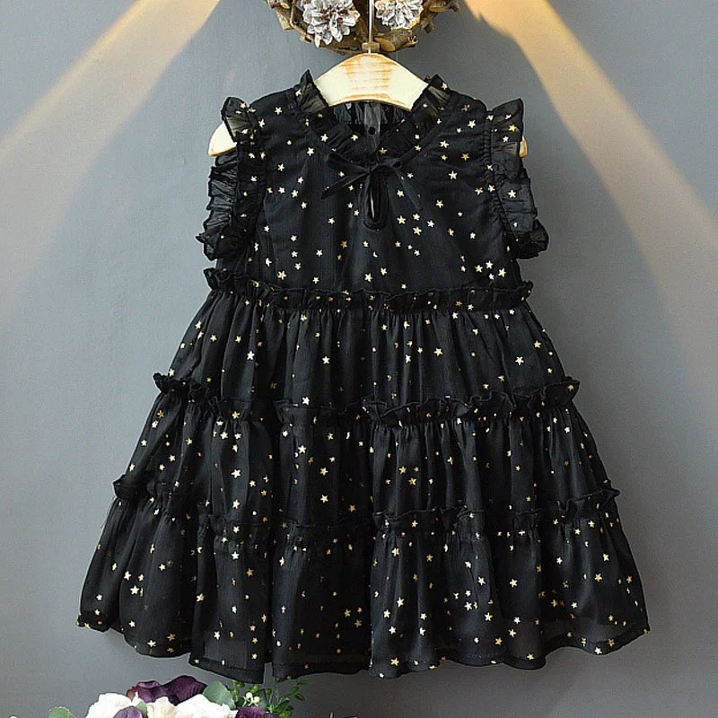 

B24630A Summer children dress sleeveless princess dress mesh lace dress, White, black