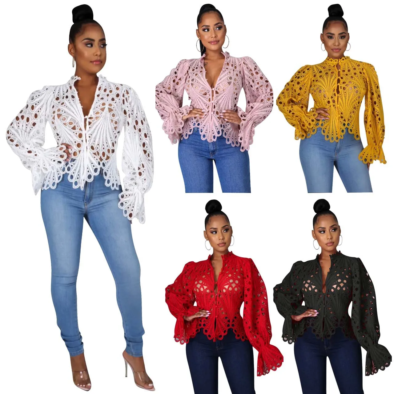 

Amazon Women Sexy Hollow Out Tops Solid Party Club Shirts Ruffles Sleeves Ladies Blouses Fall 2021 Women Clothes, As pic shows