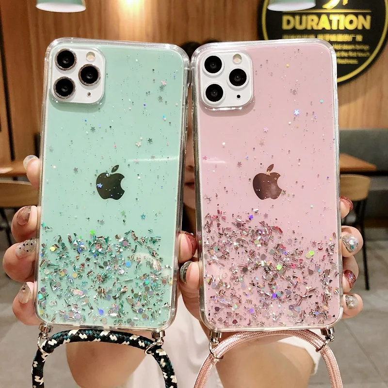 

Bling Glitter Stars Sequins Cord Chain Necklace Lanyard Phone Case For iPhone 11 12 pro max