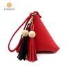 Wholesale new maiden's bag red PU leather women triangle diamond shape handbag handheld bag with tassel