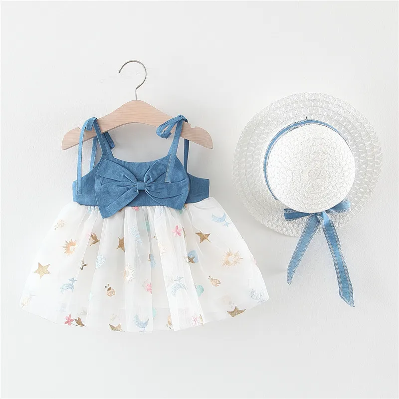 

Beach embroidery bowknot kids frock designs indian baby girls princess slip dress + hat, As photo
