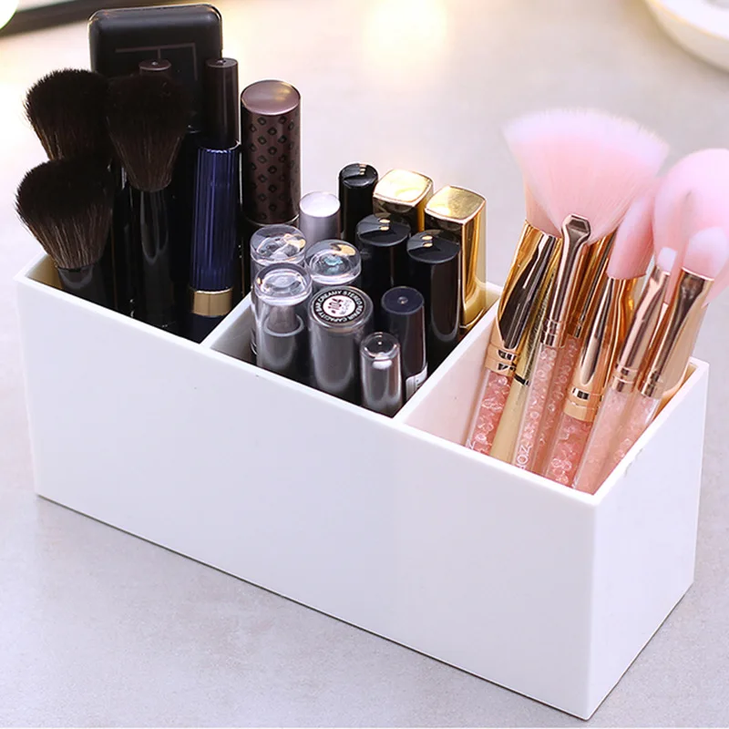 

Wholesale Simple Pencil Brush Cosmetic Holder 3 Slot Storage Box Hard Plastic Desktop Three Grids Makeup Organizer Storage Box