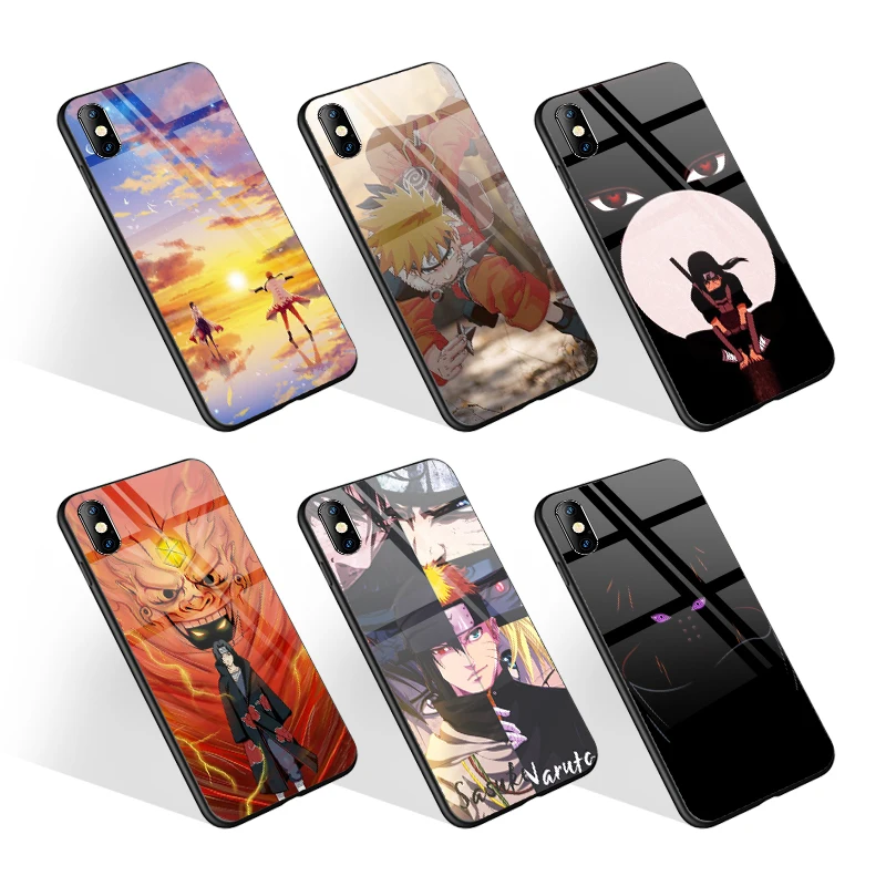 

Hot Sale High Quality Shiny Glass Anime Phone Case for iPhone XR 7 11 12 13 Pro Max Coque Cover for HUAWEI P40 Pro, Black