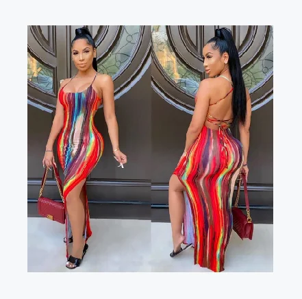 

AYP2024 Print Side Slit Spaghetti Strap Sleeveless Long Maxi Dress Women Casual Dresses