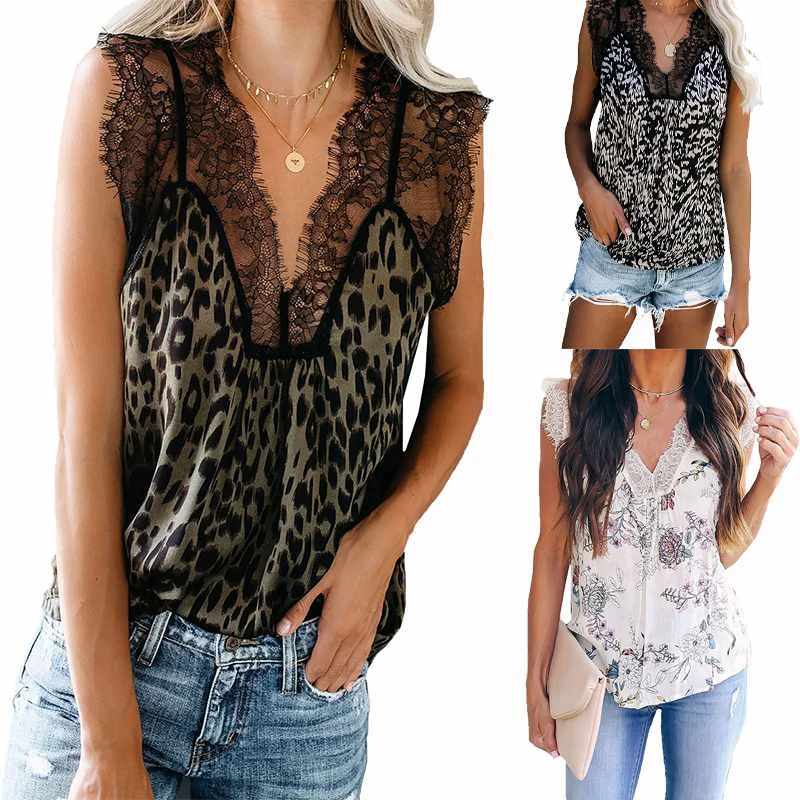 

Summer Women Casual Tops For Women V Neck Sleeveless Animal Print Contrast Lace Tank Top
