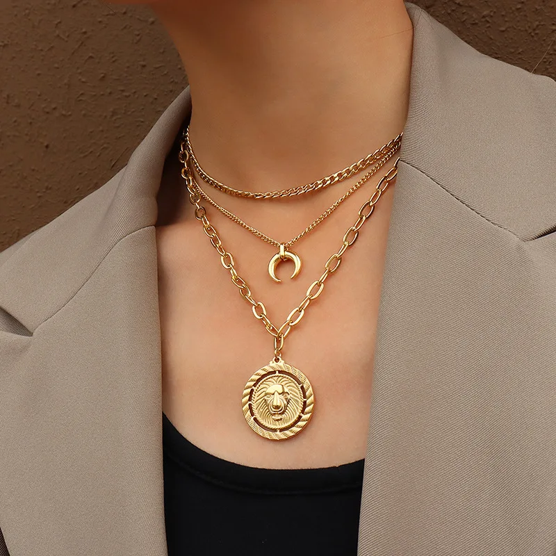 

2021 New Design Delicate 18K Gold Plated Three Layer Moon Chain Multi Layer Necklace Chain For Women Sweater