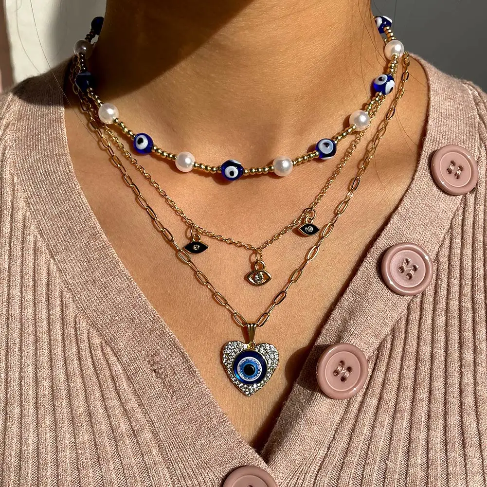 

Layered Gold Plated Blue Evil Eyes Necklace For Women Crystal Rhinestone Heart-shaped Pendant Eye Necklace