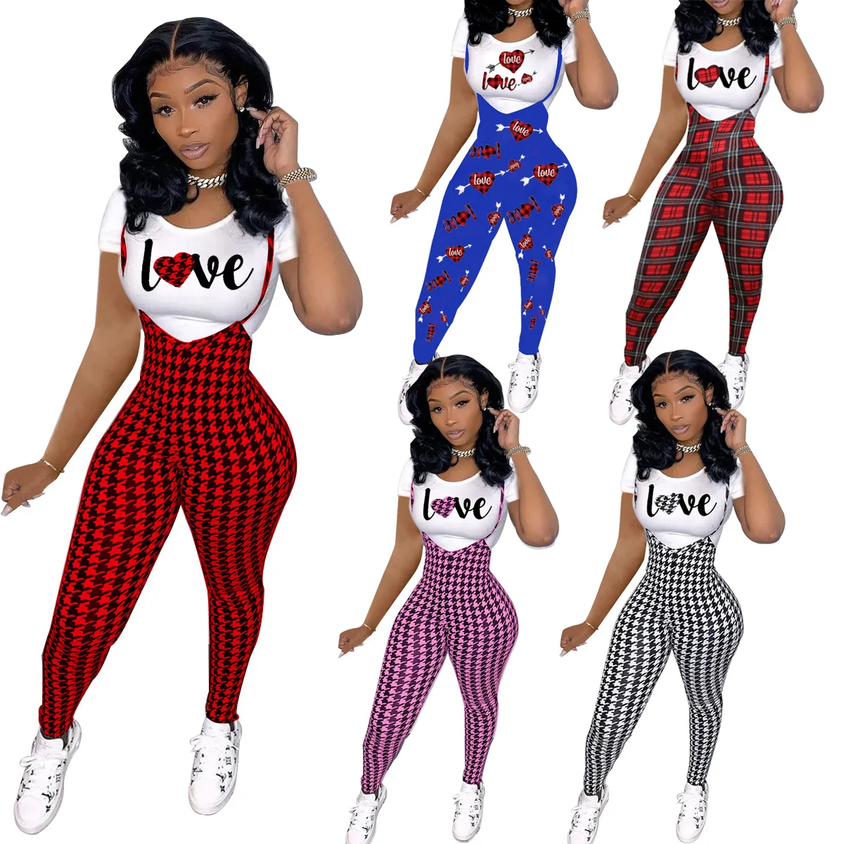 

Women's spring and summer two-piece hot sale printed suit short-sleeved t-shirt top and plaid suspender jumpsuit two-piece suit, Picture shown