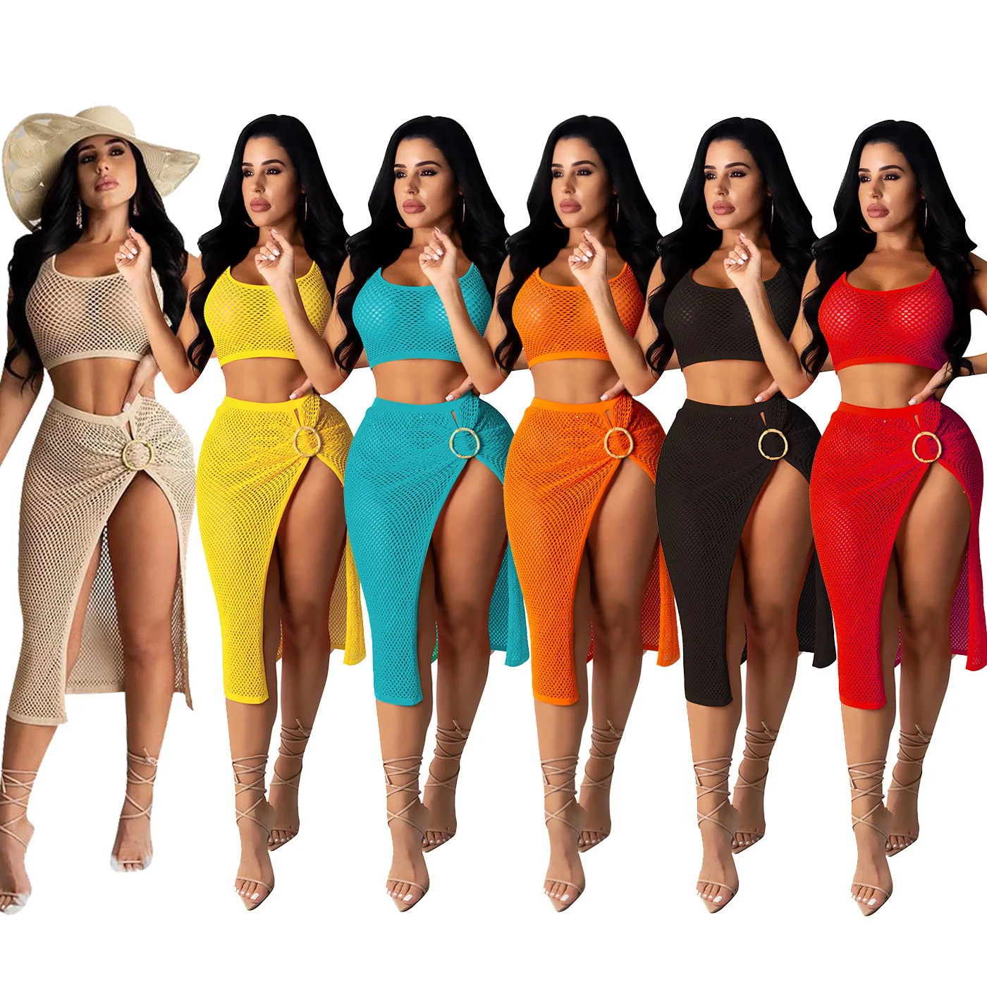 

2021 Summer Wholesale Casual Navel Mesh Tube Top Beach Dress 2-Piece Suit Two Piece Dress, Yellow, red, black, camel, sky blue, orange