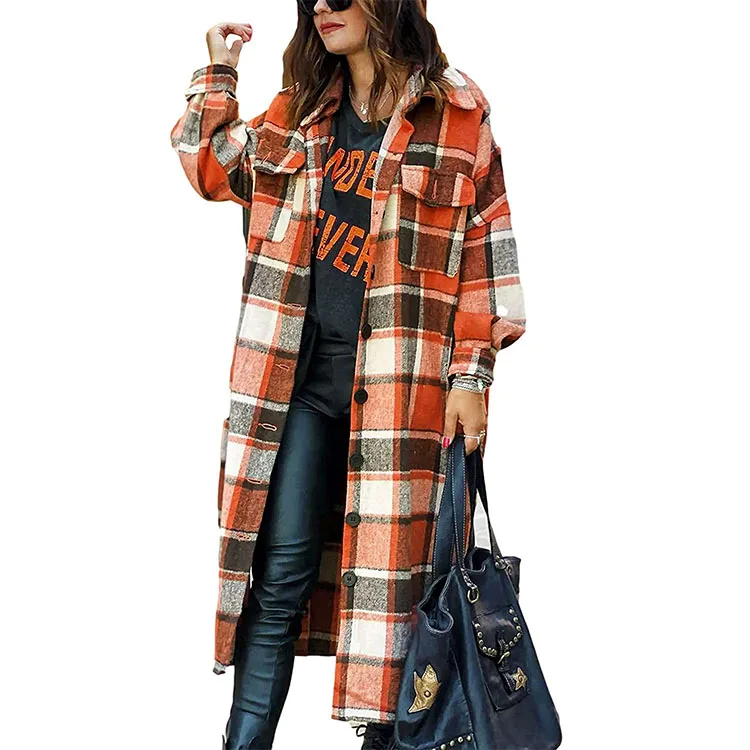 

Custom Women's Vintage Plaid Flannel Brushed Wool Blend Button Down Shacket Shirts