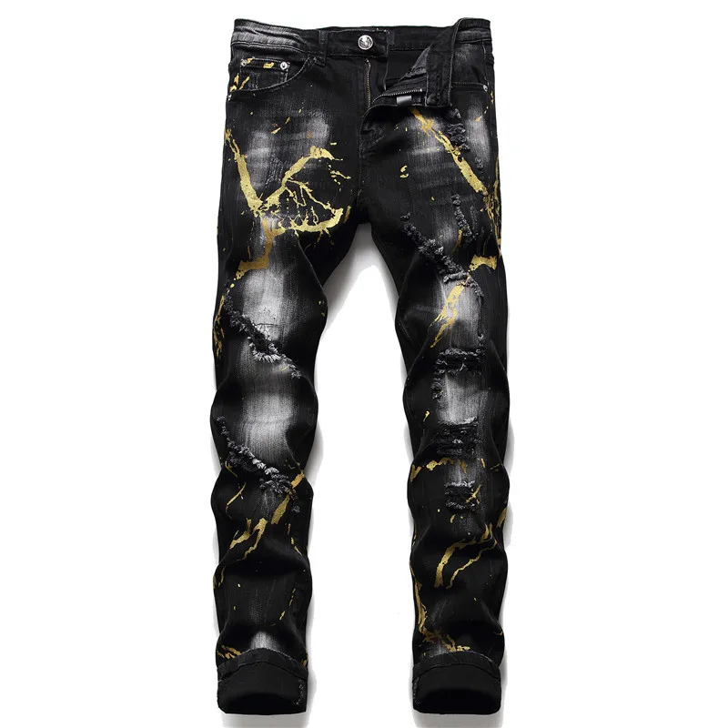 

Fashion Ripped Hole Men Jean Elastic Waist Skinny Stretch Ripped Pants Streetwear Mens Denim Jeans C13661