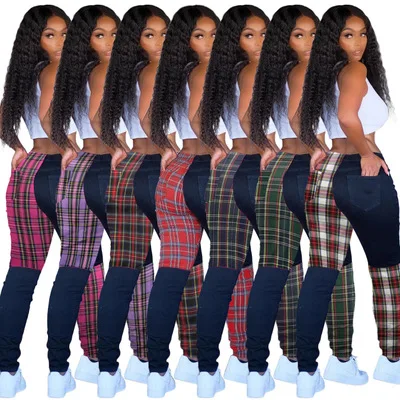 

New arrival women clothing boutique plaid contrast color skinny sportswear joggers women pants