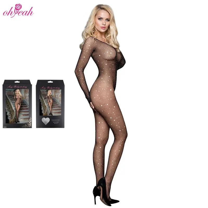 

Free Shipping BlingBling Rhinestones Body Stocking Lingerie Free Box Black Mesh Crotchless Sexy Plus Size Bodystocking For Women