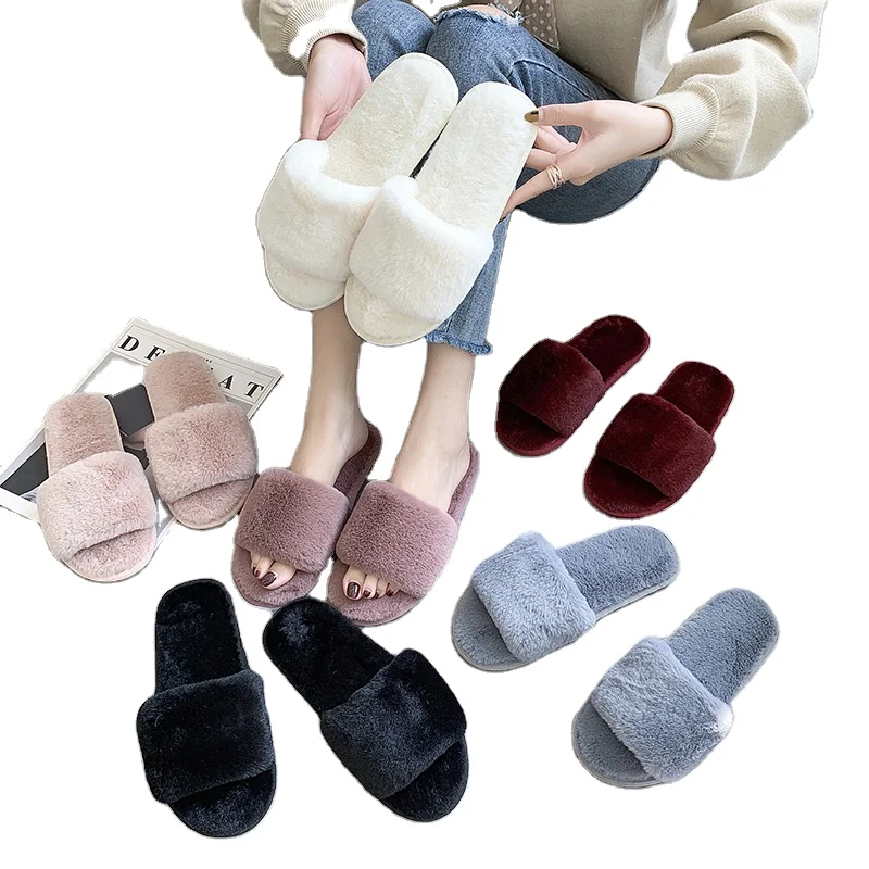 

Women's Fashion Slippers Slides Home Fluffy Faux Fur Soft Slide Flat Slip-on Shoes bedroom slipper