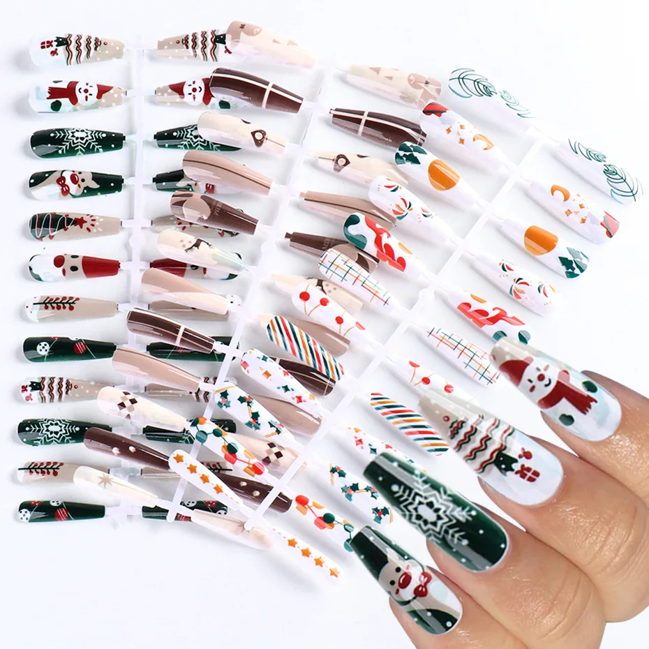 

24pcs New Christmas Fake Nails Snow Snowman Christmas tree Press On Nails Giving double-sided tape