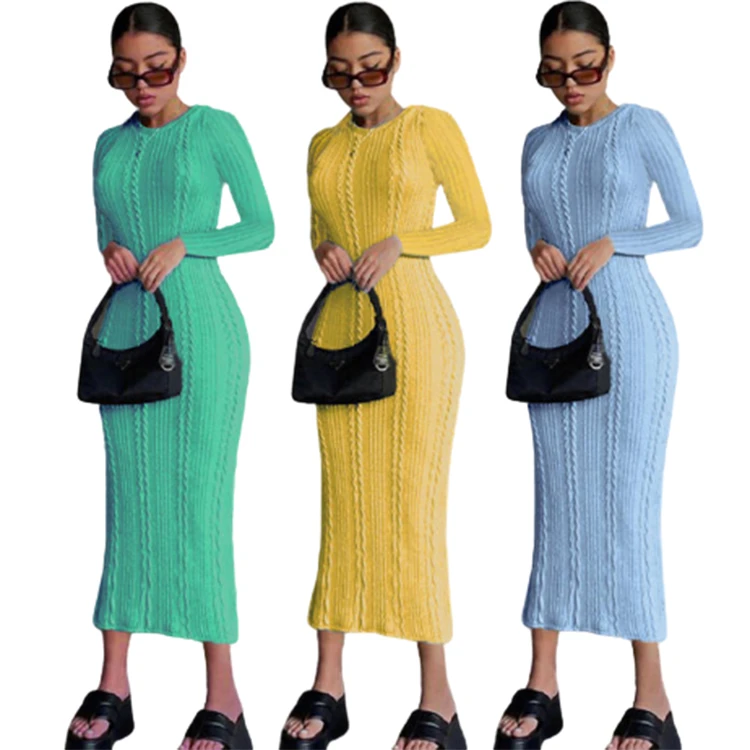

Amazon 2021 Solid Color O Neck Long Sleeves Elegant Casual Knit Maxi Dress Winter Dresses For Ladies