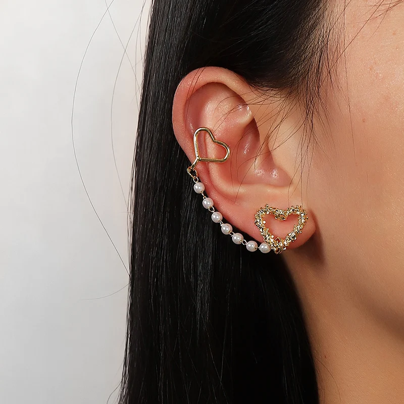 

EZ3211 New Arrival Alloy Tassel Fashion Golden Jewelry Pearl Heart Shape earrings for outdoors activities