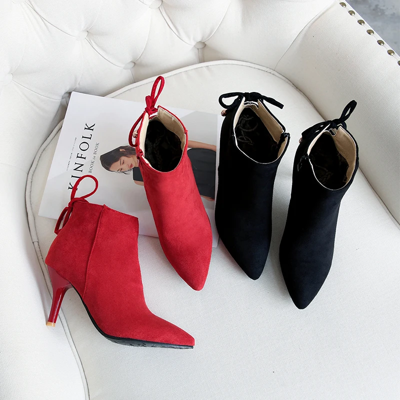 

Autumn Fashion Pointed Head Red Black Suede Leather Stilettos Women Boots, Black/red/green