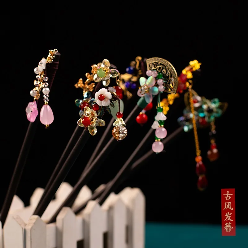 

New Vintage Wood Flower Hairpin Women Chinese Style Hair Sticks Tassel Hair Clip Pins Bride Wedding Banquet Hair Jewelry Gifts