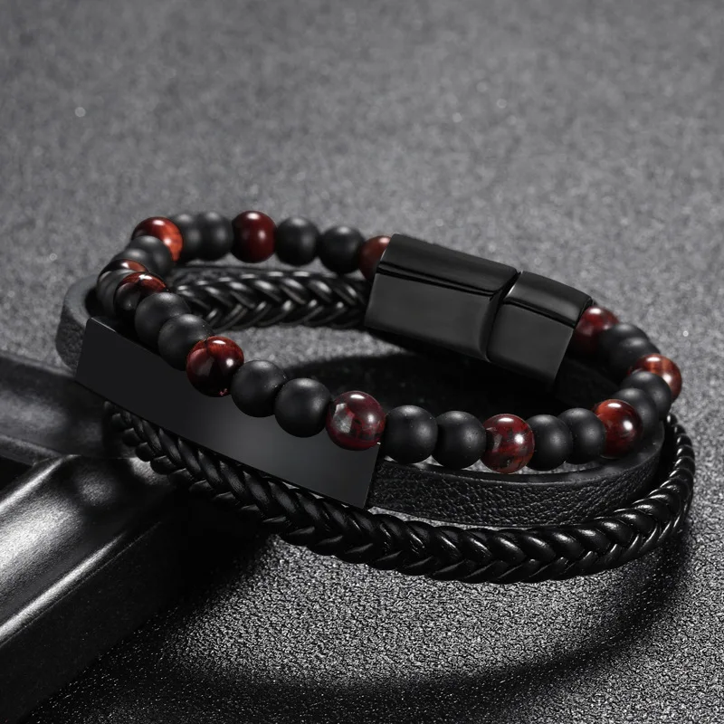

Multi layer Woven Leather Wrist Rope Bangle Bracelet Punk Magnetic Bracelet, As picture