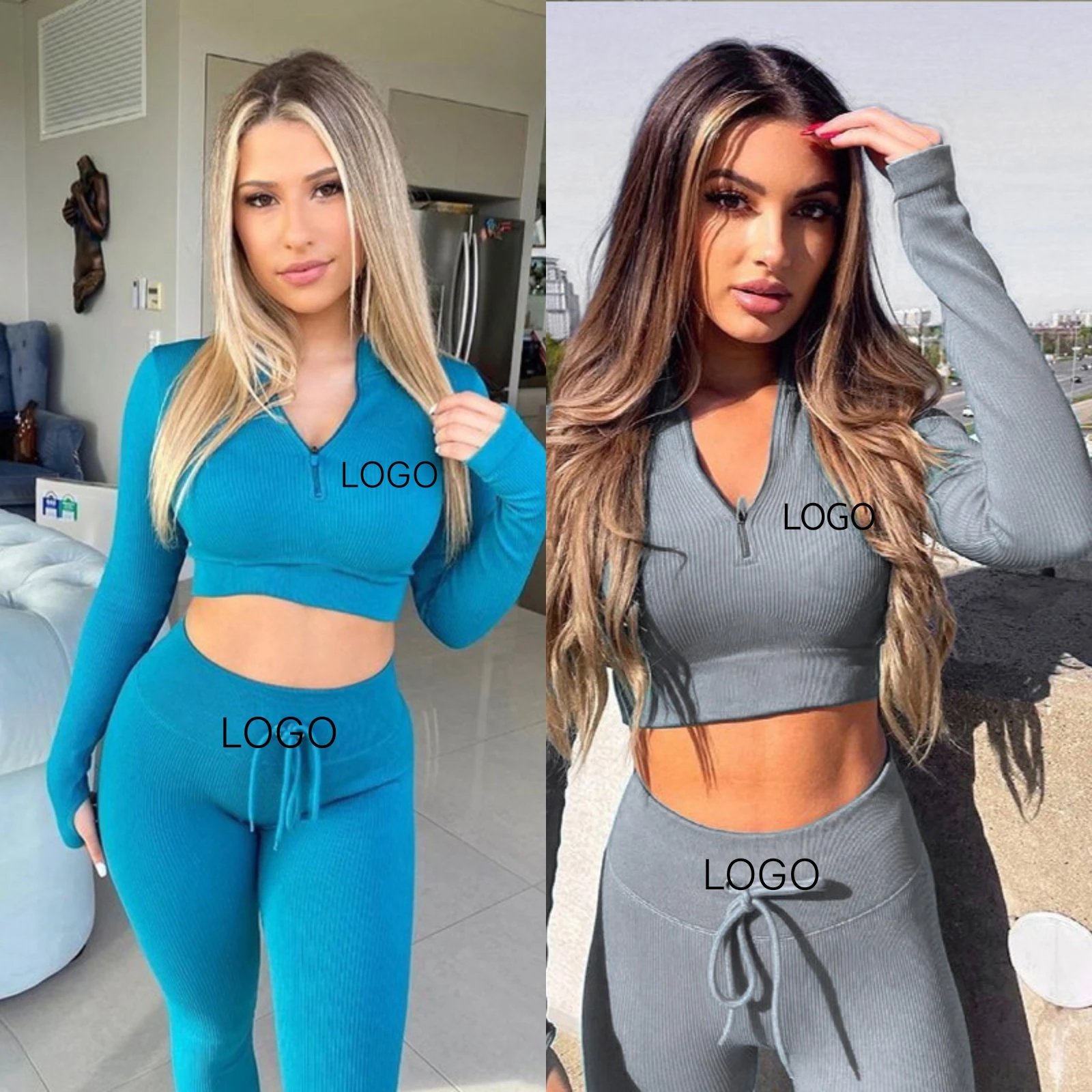 

BZZJO High Elastic Gym Sports Wear Two Piece Women Clothing Long Sleeve Tracksuits Deportes Custom Logo Yoga Set