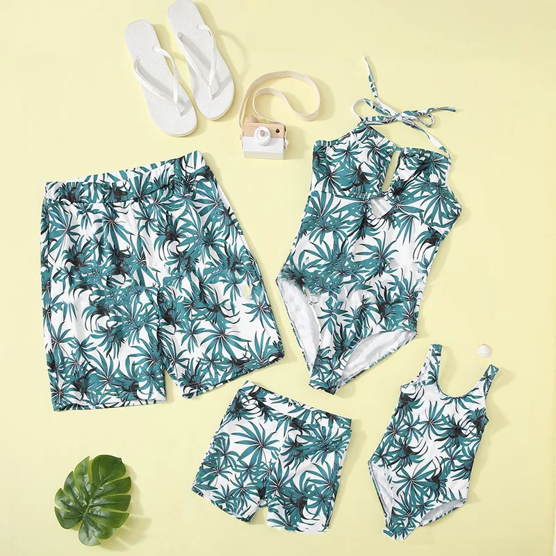 

2021 Solid Color leaves Print One Piece Beach Men Women Kid Bikini Family swimwear, Picture color