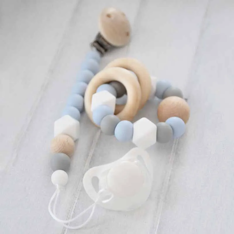 

2pcs/set Infant Silicone Beads Dummy Clip Bracelet With Two Wooden Ring