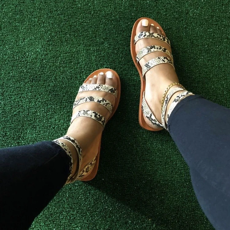 

2021 Women Fashion Flat Slippers Snake Skin Sandals For Ladies
