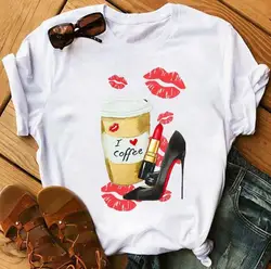 tops women summer funny t shirt sexy lip high heels shoes T Shirt ladies white printed short sleeve tops tees clothing