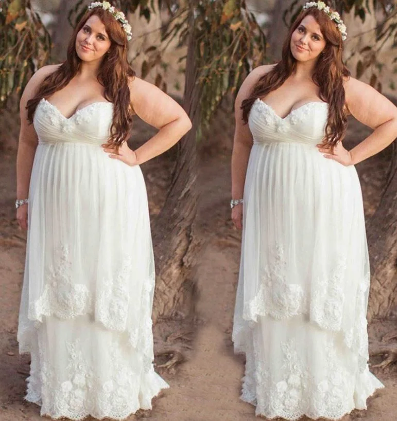 

Lace Appliques Strapless Style Sweetheart Empire Waist Wedding Dress Plus Size, Custom made