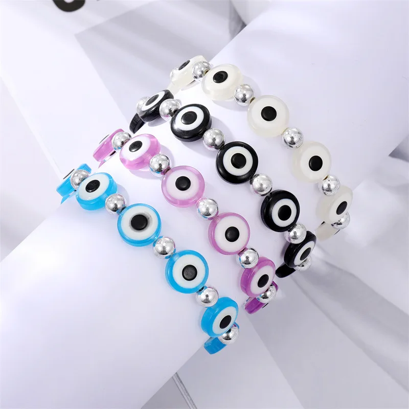 

Statement Multi Colors Turkish Devil Eye Lucky Bracelet Elastic Colorful Resin Big Evil Eyes Beaded Bracelet For Party, Picture shows