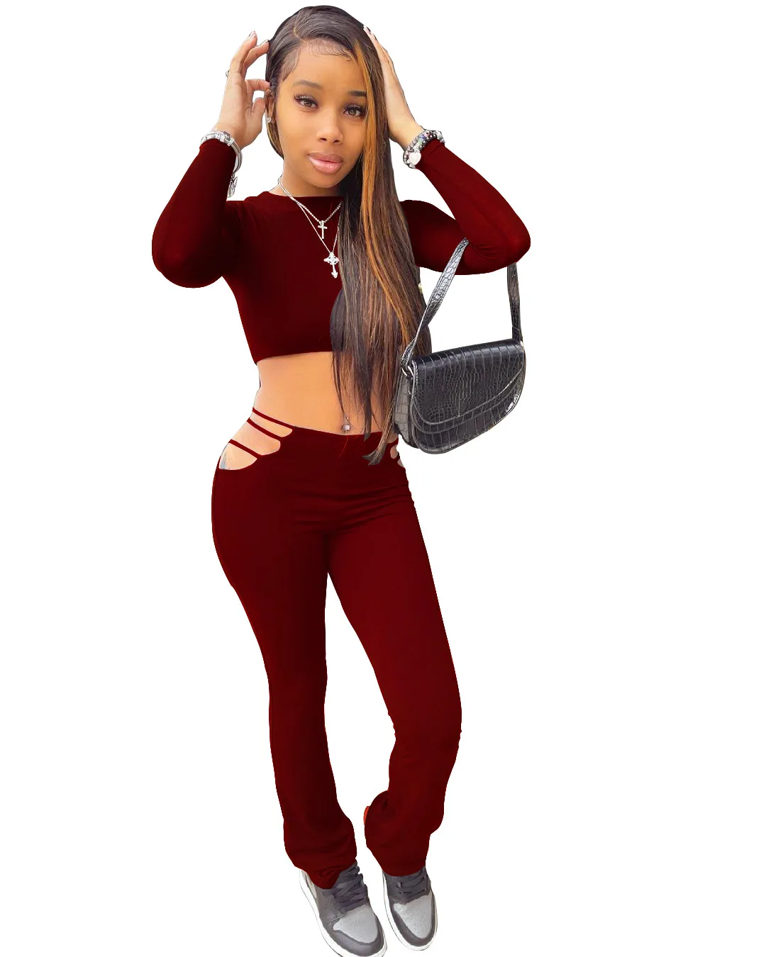 

2021 Trends Outfit Sexy Long Sleeve Crop Top 2 Piece Set for Women, Black,burgundy d,army green