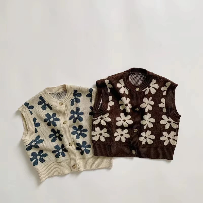 

2022 Spring / Autumn Children's Vest Retro Flower Knitted Coat Korean Sweater, Customized color