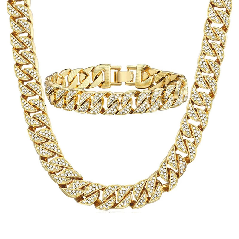 

Iced Out Chain Necklace Hip Hop Gold Tone CZ Miami Choker Necklace Men Cuban Link Bracelet Set