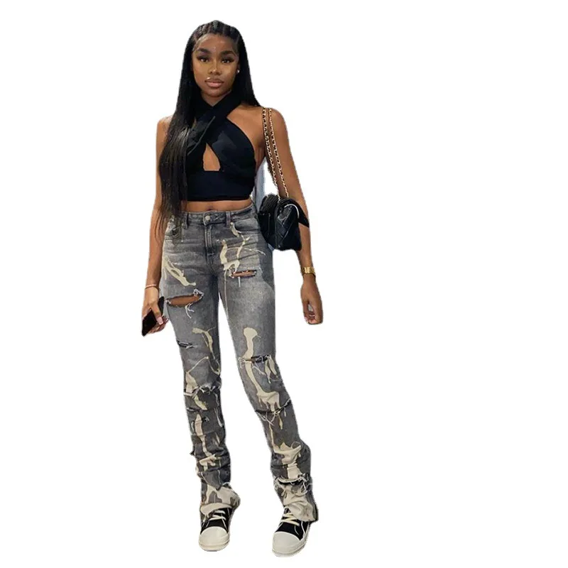 

2021 women clothes Fashion Ripped Straight Leg Pants High Waist outfit Washed White Slim Jeans, Picture color