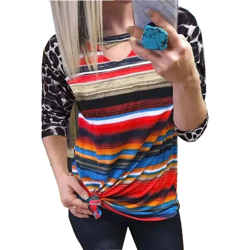 

Multi Color Striped Color Blocking Leopard Long Sleeved Everyday T Shirt For Women, Red,yellow,green,purple,light blue