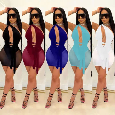 

Newest Women's Clothing Sleeveless One Shoulder Lacing Skirt Mini Sexy Evening Party Nightclub Dress Mesh Casual Dress, Customized color