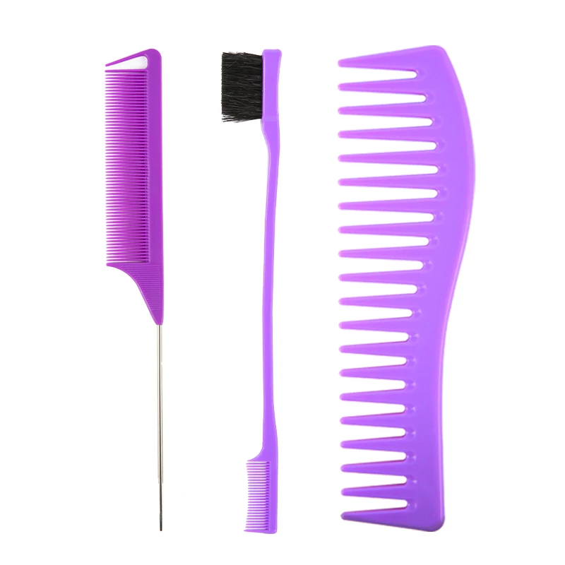 

Fashion wide tooth hair cutting comb purple eyebrow brush with hot sale rat tail detangling comb set