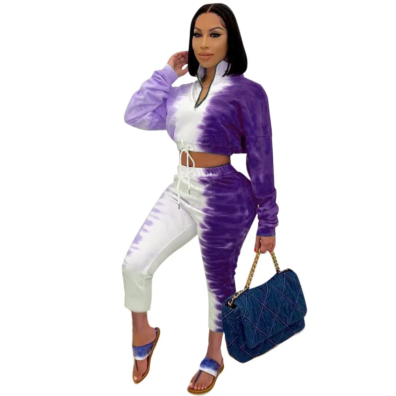 

women's fashion Bellybutton top trousers suit Tie dye suit wo piece set women clothing 2020