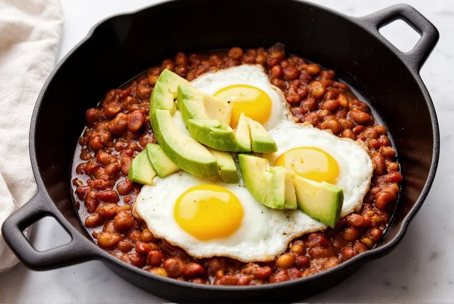 Cast iron skillet with chili hash, fried eggs, and avocado slices