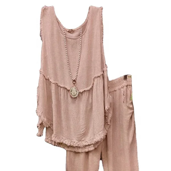 

Two Pieces Solid Ruffle Woman Causal Sets,Tassel Sleeveless Tank Top Loose Sets, Picture