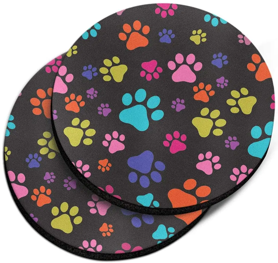 

Car Cup Holder Coasters, Multicolor Paws Dog Design Absorbent ROUND Fabric Felt Neoprene Car Coasters for Drinks