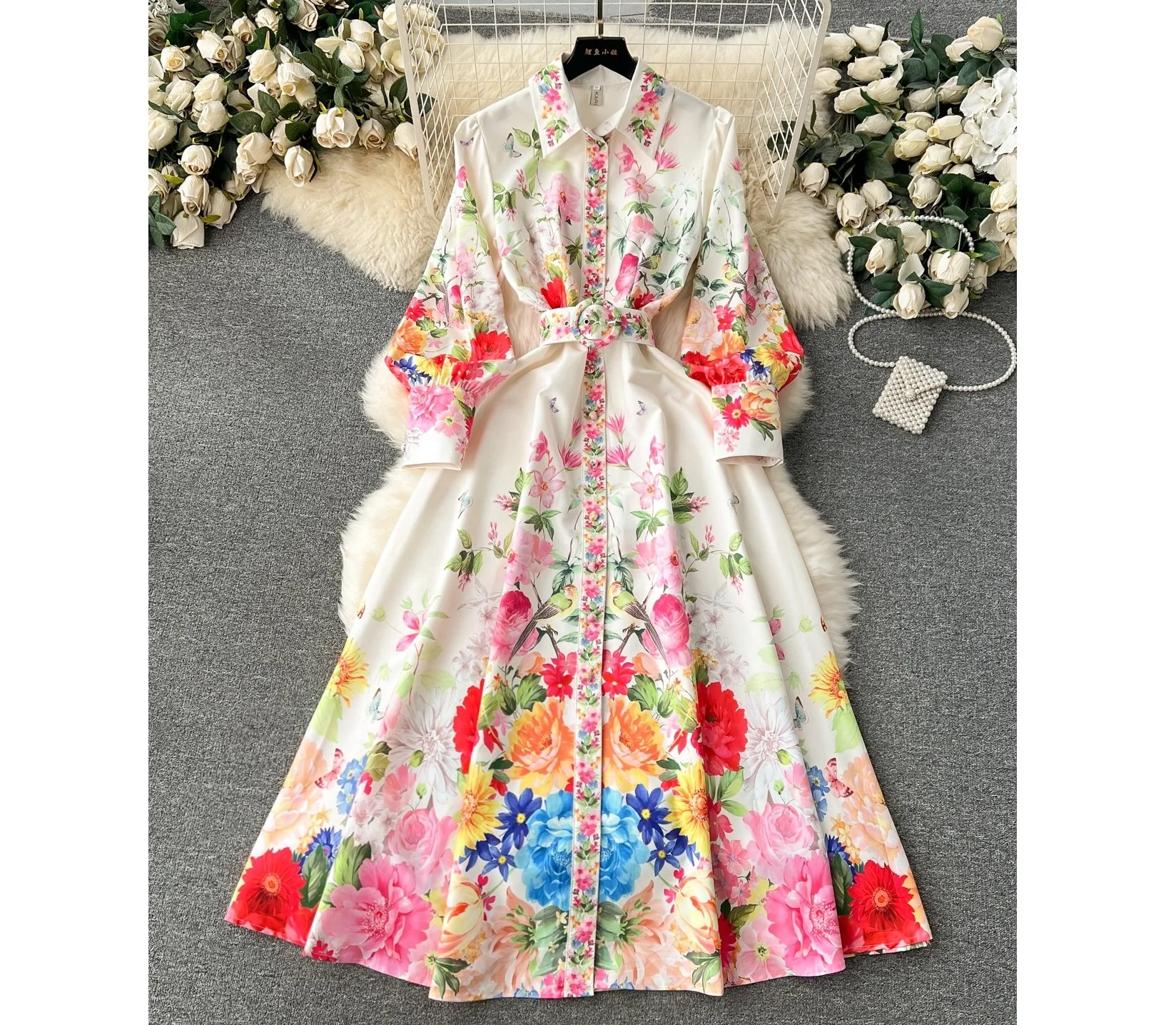 

2024 Spring Women Single-breasted Prom Long Maxi Dress With Belt Floral Printed Elegant Luxury Party Ball Gowns Ladies Evening D